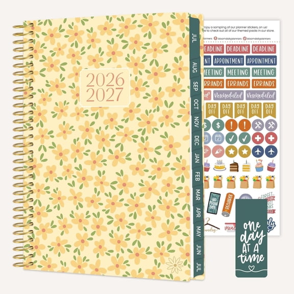 bloom daily planners 2026-2027 Academic Planner, 13 Month Monthly & Weekly Soft Cover, 5.5" x 8.25", Stickers Included, Butter Yellow Daisies