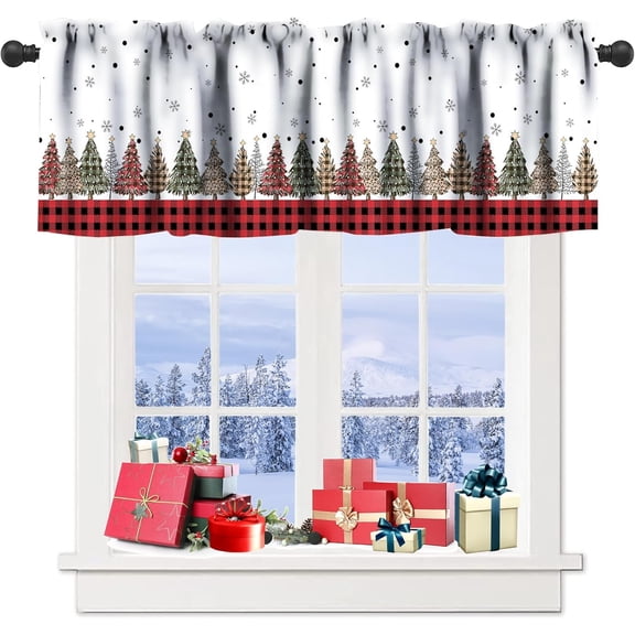 Christmas Tree Kitchen Valance Curtain,Farmhouse Red Plaid Kitchen Window Curtain Winter Xmas Tree Snowflae Short Curtain Rod Pocket Drapes Window Treatment Valance 54x18in 1 Panel