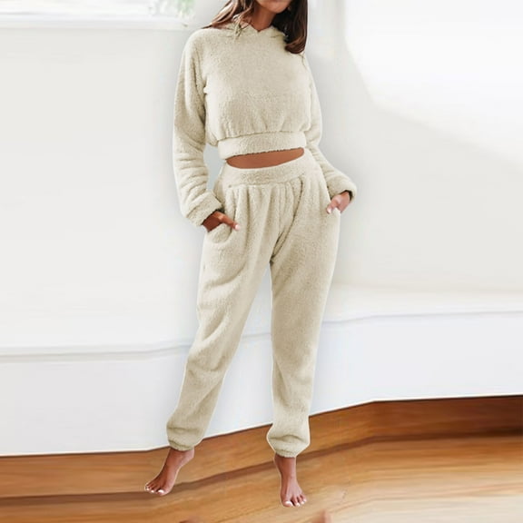 Weiqiqre Pajamas for Women Fluffy Pajama Lounge Set Loose Pullover Pants Sleepwear with Pockets