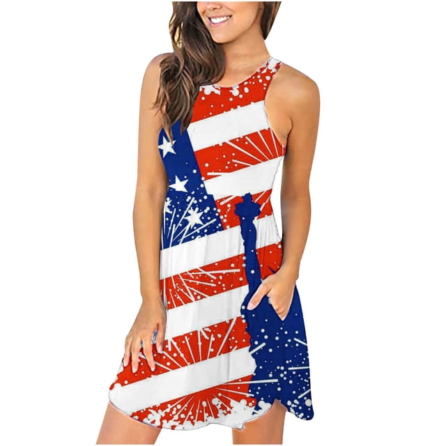 Vestido de tirantes sin mangas para mujer Vestido de bolsillo con cuello redondo y estampado de personalidad Pompotops ghjkhdj4249
