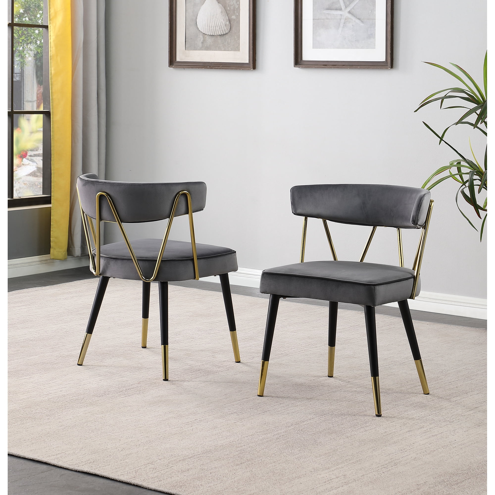 Dining Chair Set of 2, Gray Velvet Upholstered Padded Seats with Gold Stainless Steel Legs, Modern Glam Kitchen Side Chairs for Dining Room, 22.5"L x 23"D x 30.5"H, Foam Cushioning