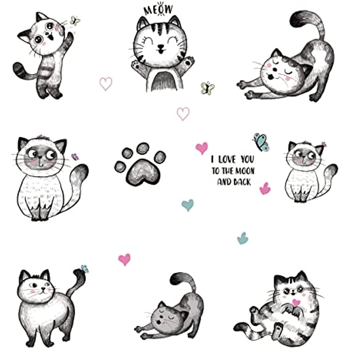 10 Style Cartoon Cats Wall Decals Cute Cat Bedroom Decor with Heart Paw