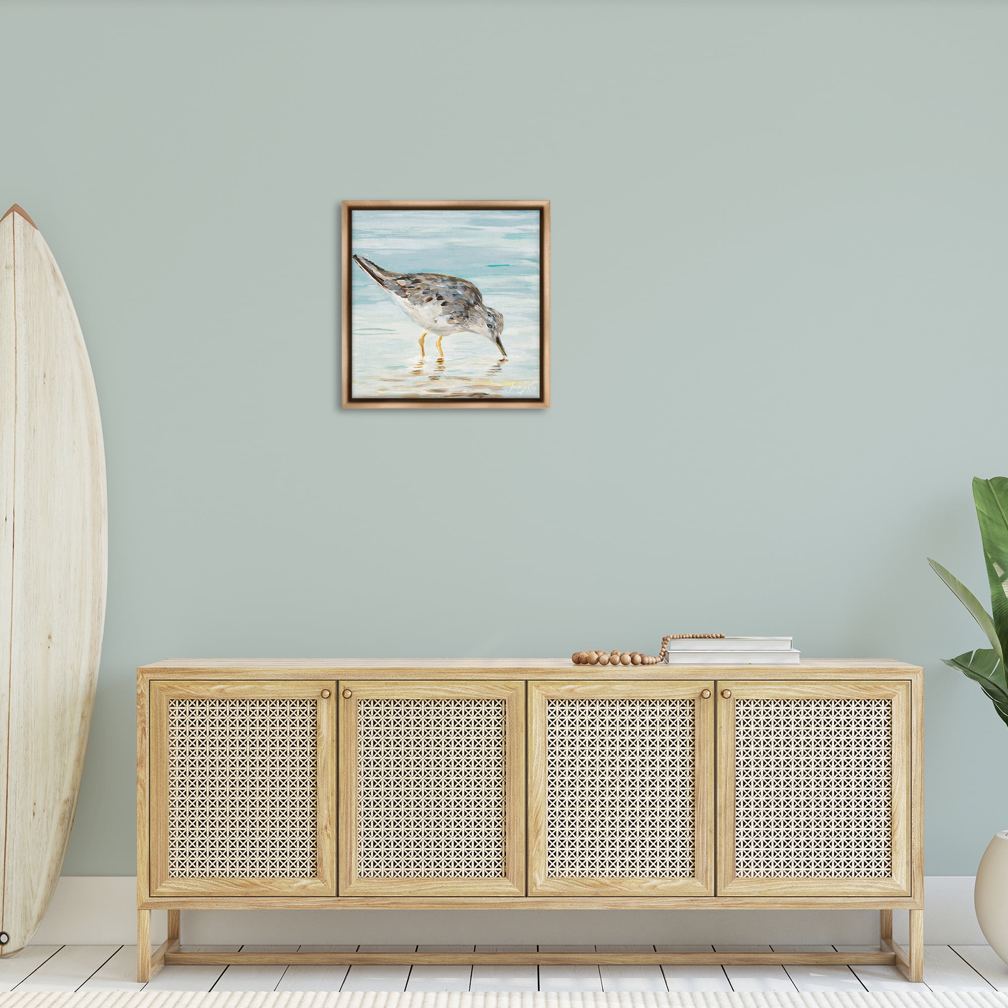 Stupell Industries Sandpiper on Shallow Beach Coast Animals & Insects Painting Brown Floater Framed Canvas Art Print Wall Art, 25 x 25