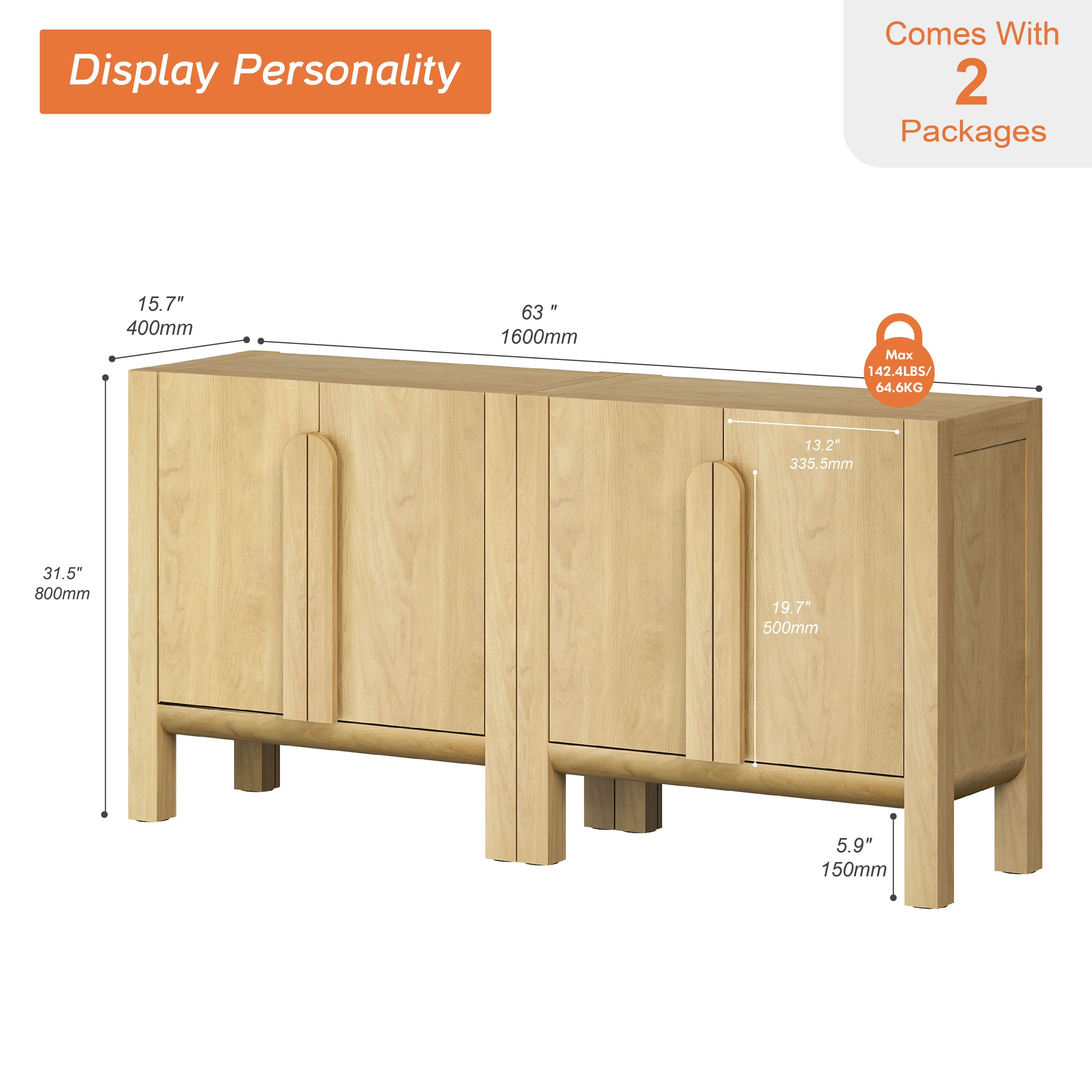 63" Mid-Century Modern TV Stand with Storage, Entertainment Center with 4 Doors and Adjustable Shelves,Wooden TV Console for Living Room