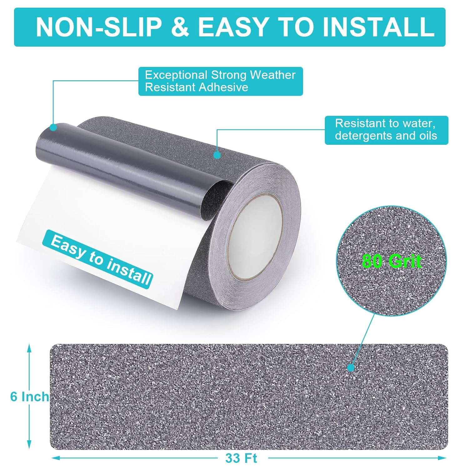 Grip Tape, Anti Slip Tape Outdoor/Indoor Waterproof, Non Slip Tape for Stair Steps, Tread Staircases, Ramps, Skateboards (Grey Tape, 5.9" x 33Ft)