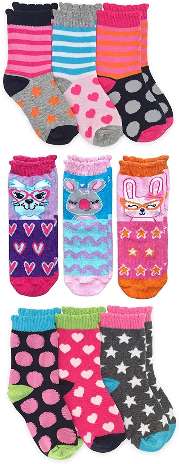 Jefferies Socks Girls Fashion Novelty Cute Stripe Animal Pattern Crew Socks 9 Pair Pack