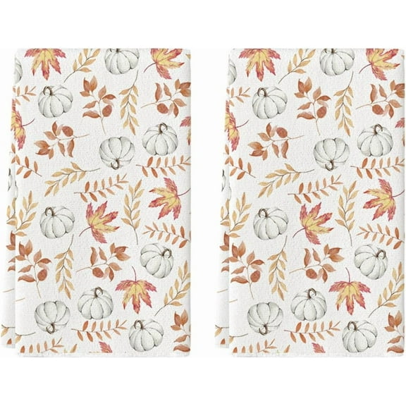 luyaa Orange Leaves Pumpkin Fall Kitchen Towels Dish Towels, 18x26 Inch Farmhouse Decoration Hand Towels Set of 2