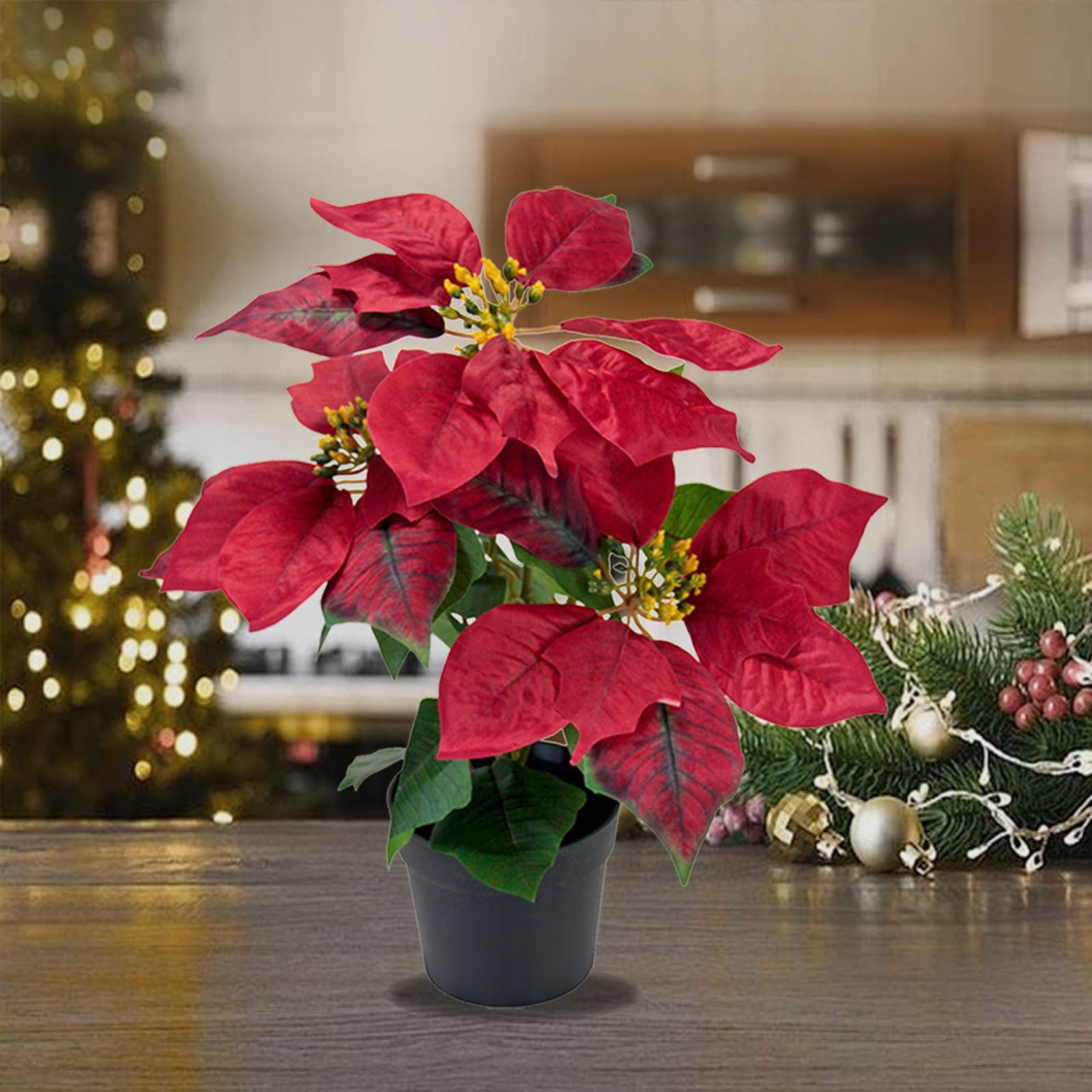 Mini Poinsettias Artificial Plants with Pot, 12.6" Faux Small Christmas Flowers in Pot for Home Office Tabletop Indoor Christmas Decorations