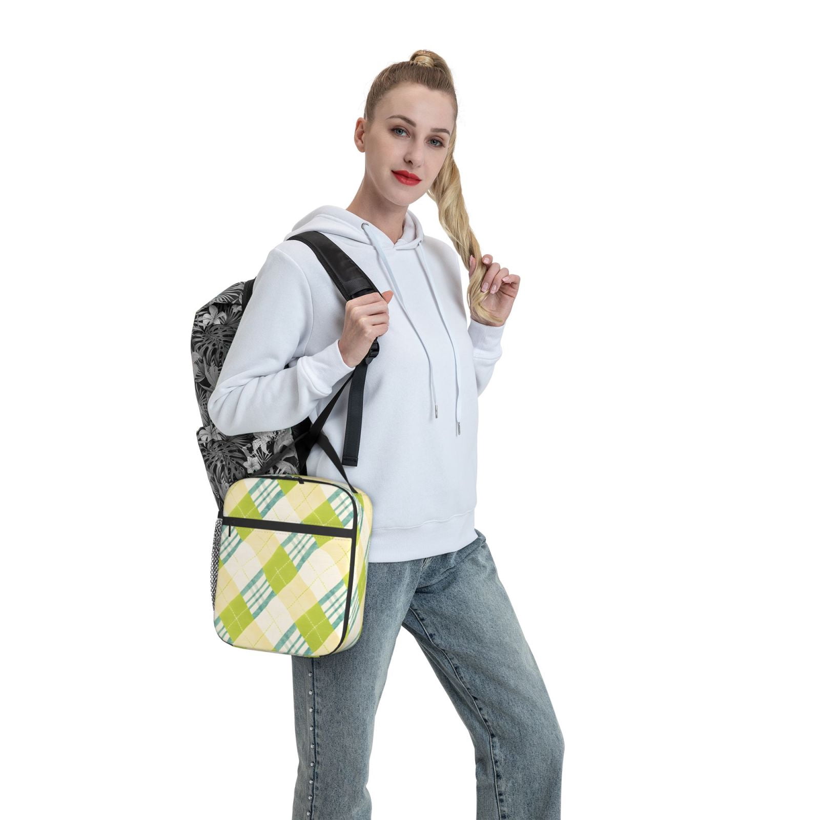 Lunch Bag For Women Men Insulated Portable Lunch Box Bento Box Office Picnic Travel Cooler Bag Lime Houndstooth Hand-Drawn Sketch_1