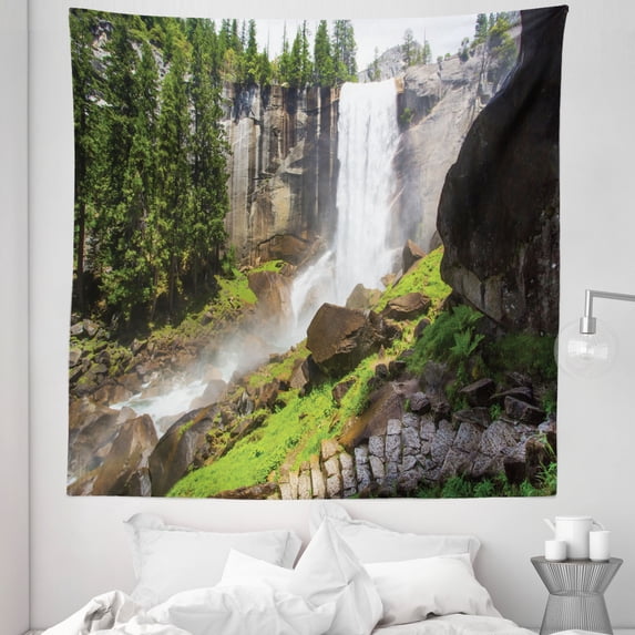American Tapestry, Vernal Fall Yosemite National Park Alpine Forest Rocks Wild Natural Scenic Photo, Fabric Wall Hanging Decor for Bedroom Living Room Dorm, 5 Sizes, White Green, by Ambesonne