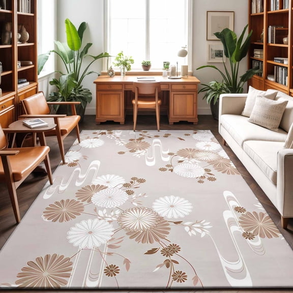 Area Rugs 5'x7', Brown White Floral Carpet Runner Indoor Outdoor Rugs Home Decor Aesthetic, Spring Botanical Leaves Farmhouse Non Slip Mats Washable Accent Rug for Living Room Bedroom