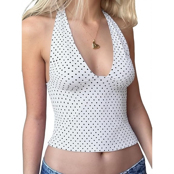 EMMIOL Women's Halter Deep V Backless Crop Tank Top Y2K Coquette Fall Going Out Top