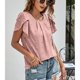 thumbnail image 5 of Top con cuello redondo para mujer, escote plisado, mangas cortas de pétalos, tela jacquard, camiseta informal de verano, rosa oscuro S, 5 of 8