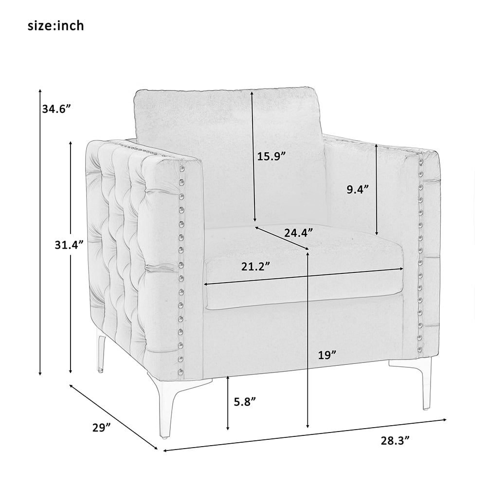 Canddidliike Modern Velvet Armchair, Tufted Button Chair with Row Nail and Steel Legs - Green