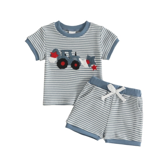 BemeyourBBs Toddler Baby Boy 4th of July Outfit Patriot Independent Day Summer Clothes Stars in Digger Embroidery Waffled Stripe Short Sleeve T-Shirts and Elastic Waist Pocket Shorts 2Pcs Set