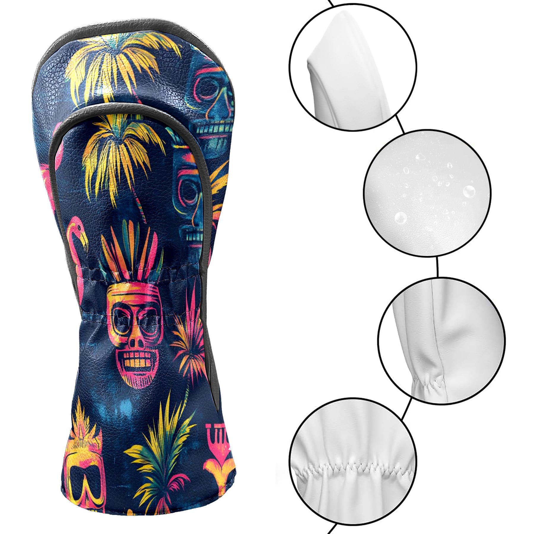 Golf Club Covers, Multicolor Tiki Skulls Premium PU Leather Driver Hybrid Putter Head Covers with Velvet Lining, Waterproof Golf Gifts for Men Women