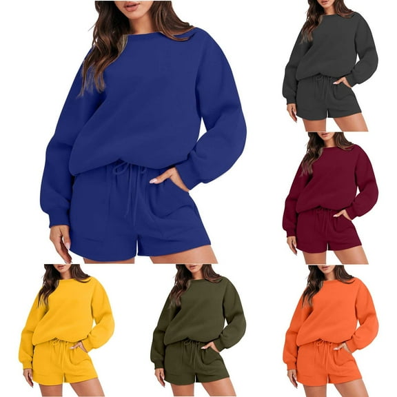 Ashirexll Outfits for Women, Two Piece Sets for Women, Fashion Round Neck Blouse Long Sleeve Tops with Sweatshirt Shorts Casual Suit