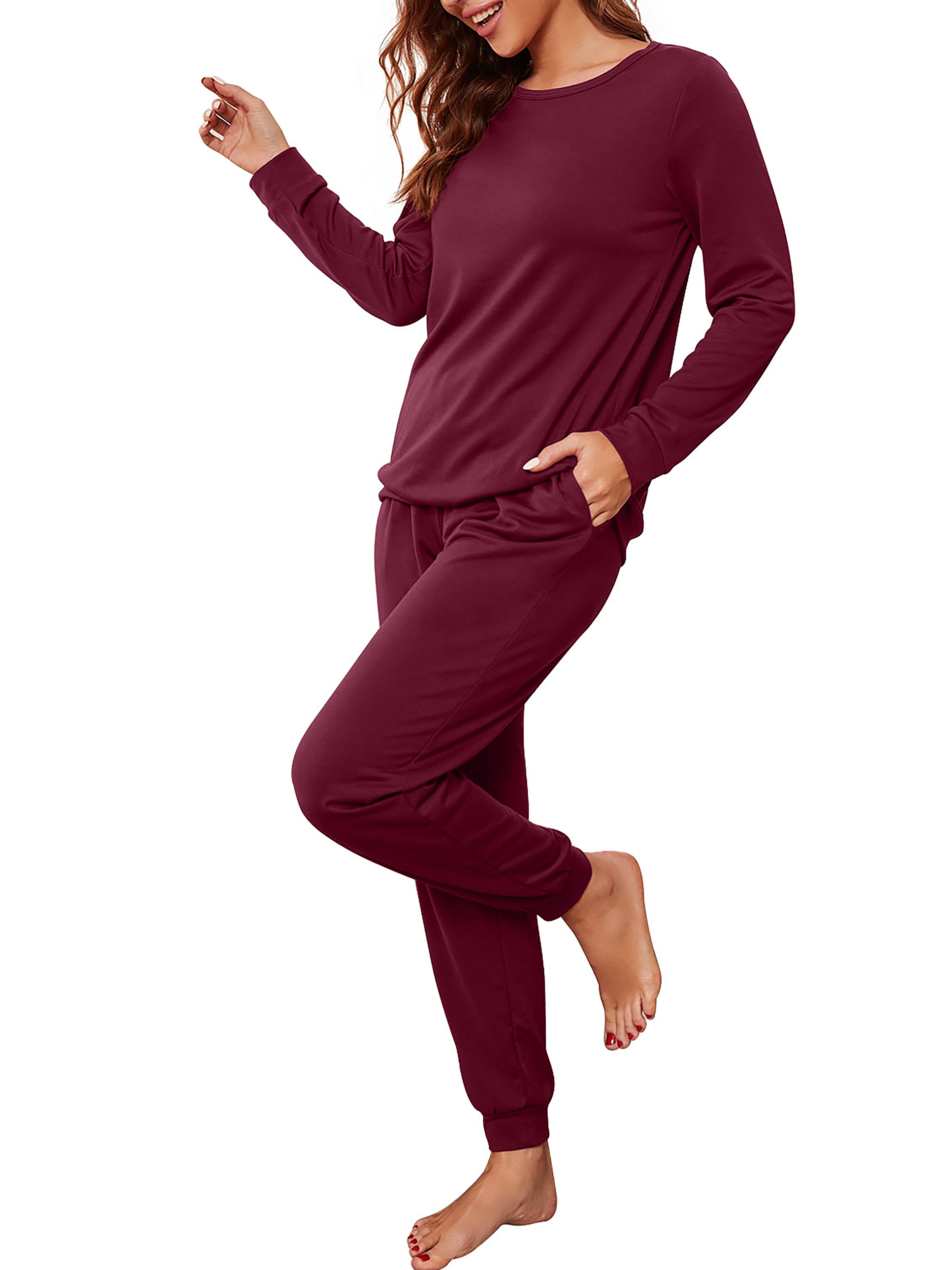 Lisingtool Pajamas for Women Set Womens Pajama Set Long Sleeve Sleepwear  Nightwear Soft Sets with Pockets Pajama Pants Wine