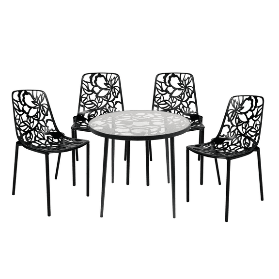 LeisureMod Devon Mid-Century Modern 5-Piece Aluminum Outdoor Patio Dining Set with Tempered Glass Top Table and 4 Stackable Flower Design Chairs for Patio, Poolside, Balcony, and Backyard Garden Black