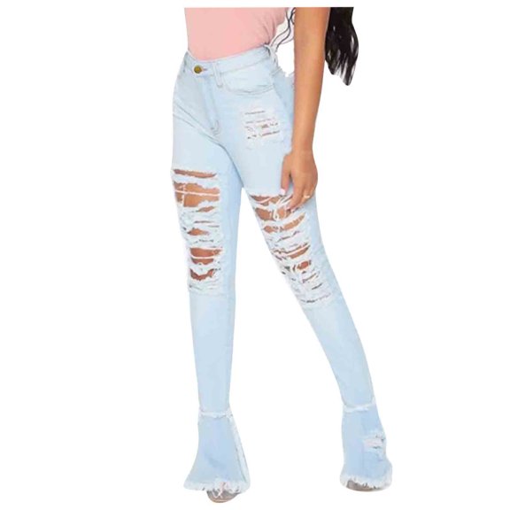 IROINNID Skinny Pants For Women Elastic Waist Fashion Button High Waist Pocket Trousers Hole Denim Pants Solid Color Jean