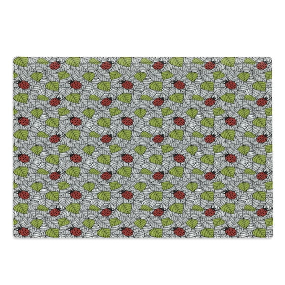 Ladybugs Cutting Board, Ecological Fresh Leaves and Ladybugs Doodle Style Animals and Plants Pattern, Decorative Tempered Glass Cutting and Serving Board, Large Size, Green Black Red, by Ambesonne