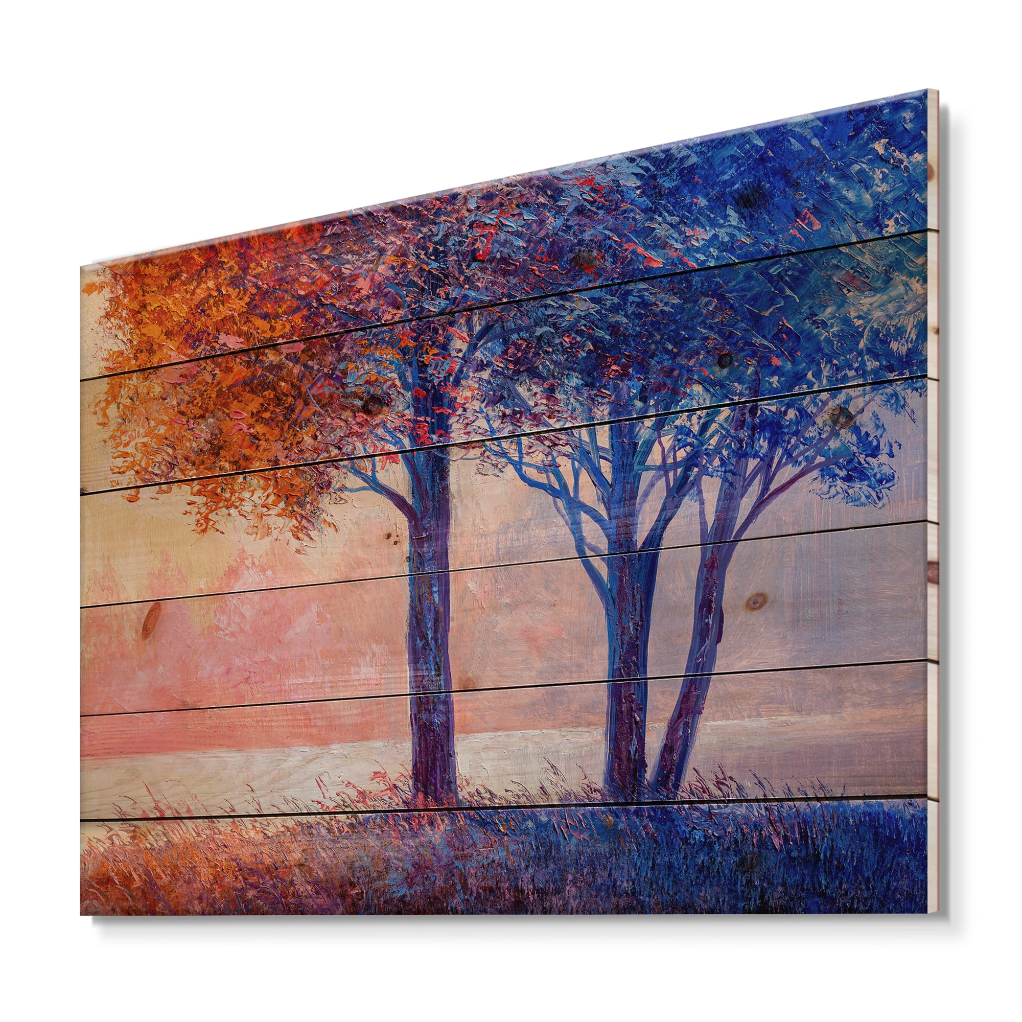 Designart 'Colorful Autumn Forest Trees Along Beautiful River' Lake House Print on Natural Pine Wood