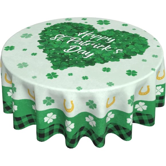 Nappe de la Saint-Patrick Ronde 60 Pouces Trèfles Shamrocks Fer à Cheval Cercle Housse de Table avec Carreaux Buffalo Verts Nappe Antipoussière pour Cuisine Salle à Manger Pique-Nique Décoration Intérieure Extérieure