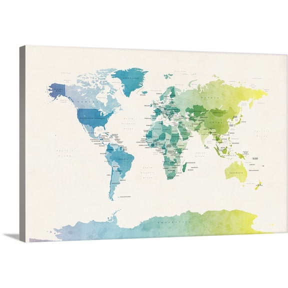 Great BIG Canvas | "Watercolour Political Map of the World" Canvas Wall Art - 36x24