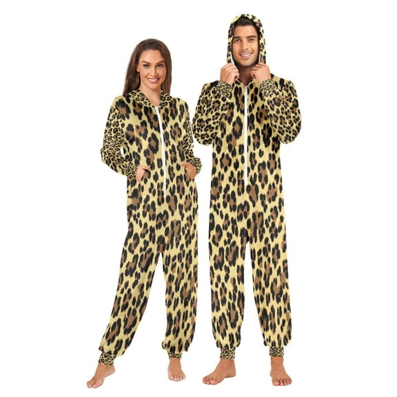 Wobogo Brown Leopard Unisex Pajamas Hooded Onesie Jumpsuit Zipper version Non-Footed Women&Men