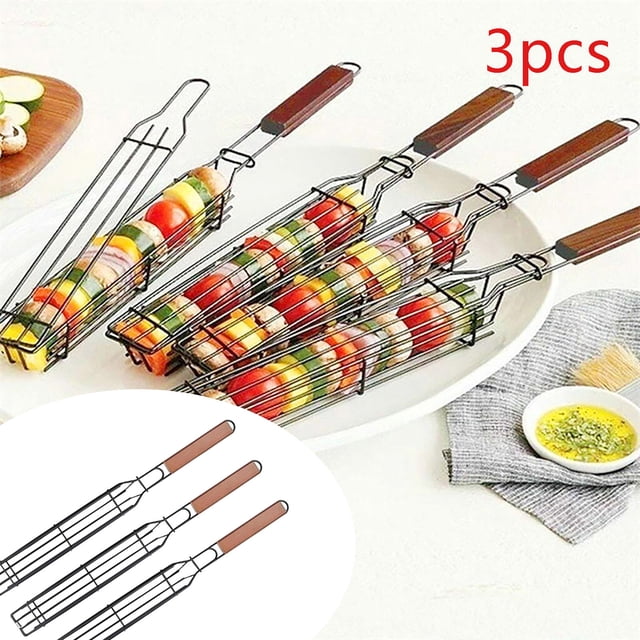 TIMIFIS B B Q 3Pcs Internet Stainless Steel Bbq Barbecue Basket (Wood Handle) Kitchen Gadgets