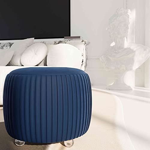 Cortesi Home Doles Round Ottoman with Clear Acrylic Legs 16, High, Navy Blue Velvet
