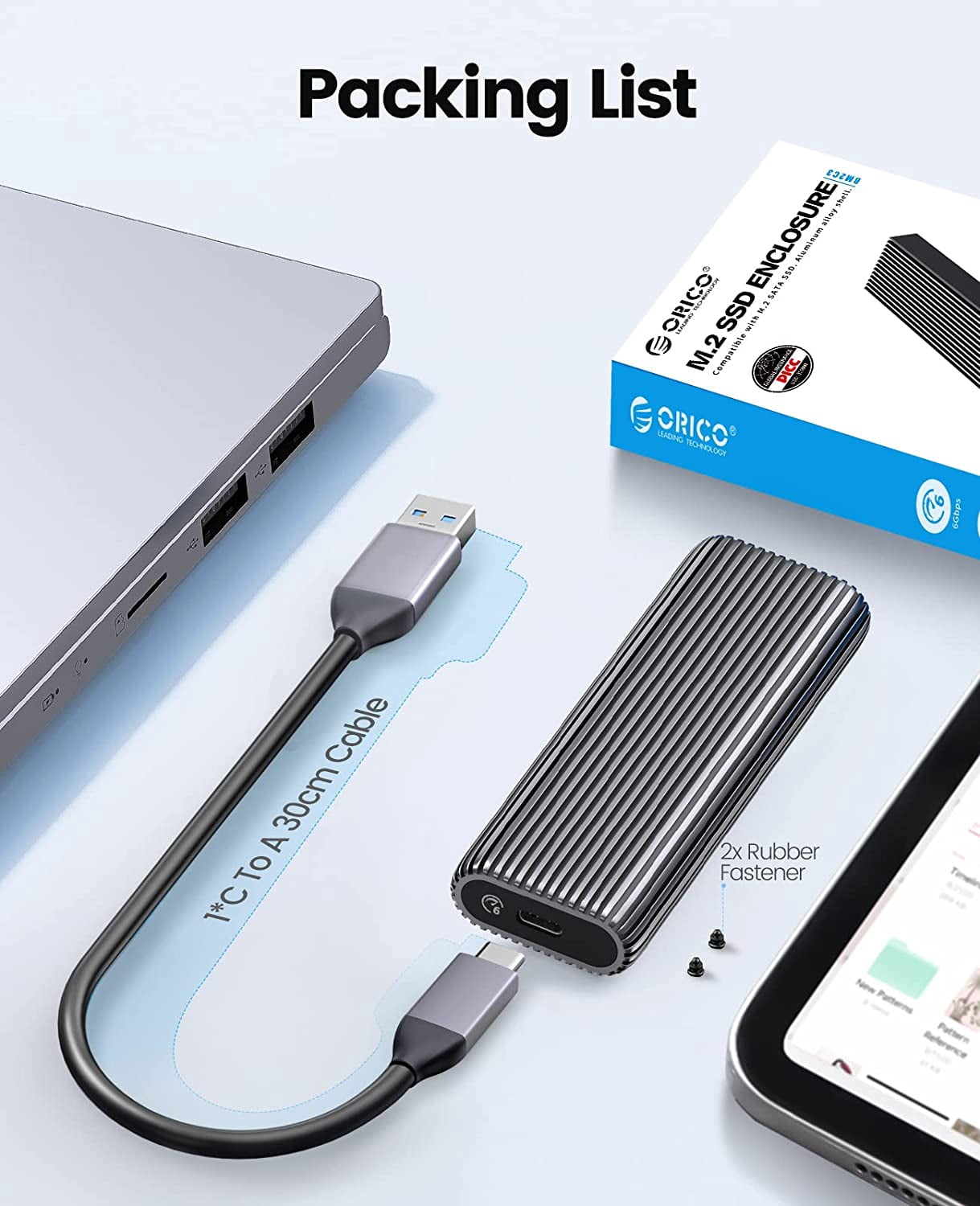 ORICO M.2 SATA SSD Enclosure Aluminum Type-C external hard drive case enclosure Tool-Free M.2 enclosure for SATA NGFF 2230/2242/2260/2280 SSD with B Key/B+M Key