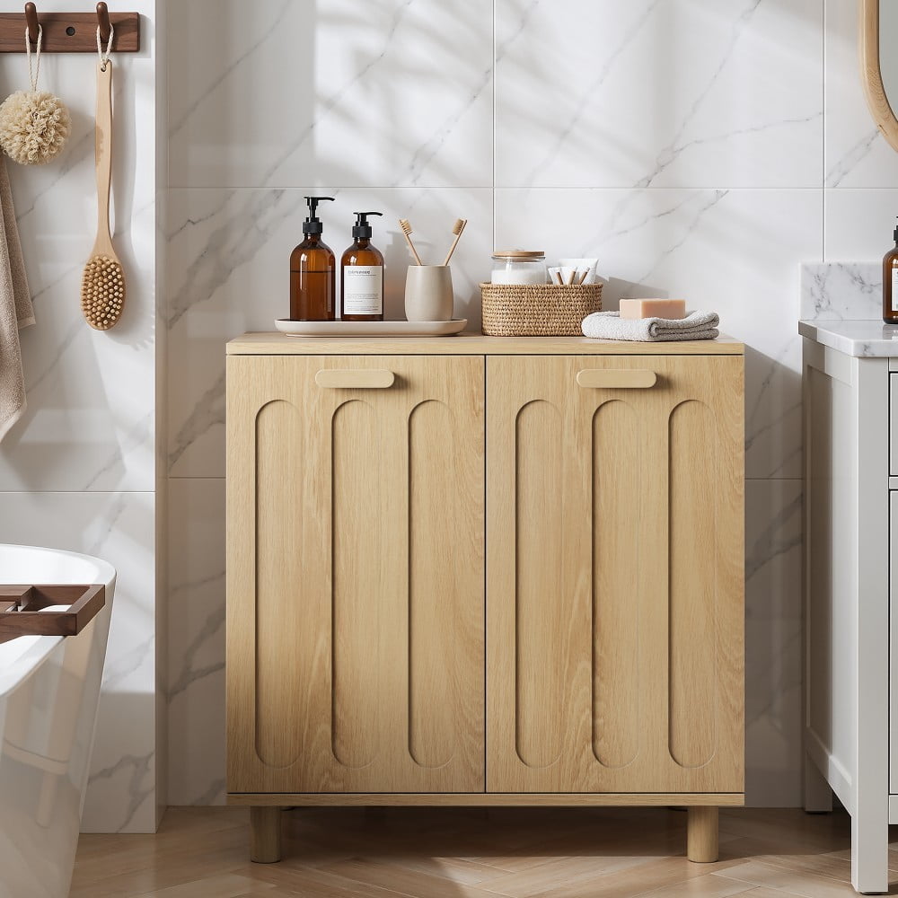 Laundry Hamper Cabinet with 2 Removable Baskets, Tilt-Out Laundry Storage Cabinet, Freestanding Clothes Sorter for Bathroom, Laundry Room, Oak