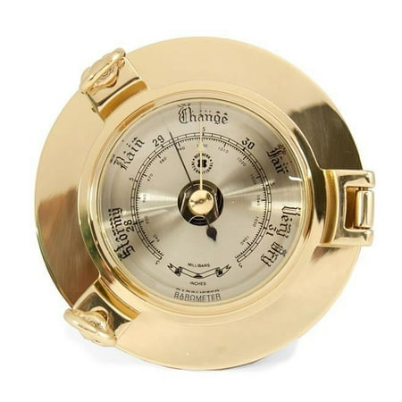 Bey-Berk International SB406 Lacquered Brass Porthole Barometer with Beveled Glass - Gold