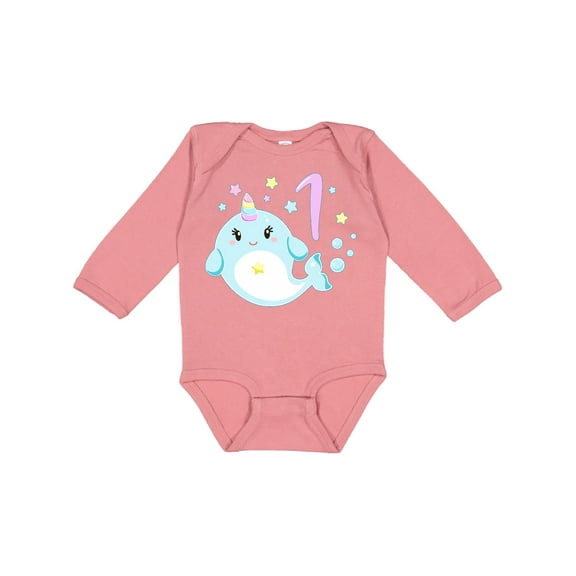 Inktastic Happy 1st Birthday with Cute Narwhal Stars and Bubbles Boys or Girls Long Sleeve Baby Bodysuit