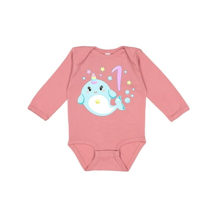 

Inktastic Happy 1st Birthday with Cute Narwhal Stars and Bubbles Gift Baby Boy or Baby Girl Long Sleeve Bodysuit