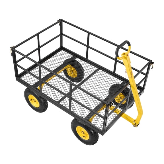 KFFKFF Steel Garden Cart, 1400 lbs Capacity Heavy Duty Utility Wagon for Outdoor Use, 2-in-1 Metal Yard Trailer with 13" All-Terrain Wheels, Removable Mesh Sides, and 180° Swivel Handle
