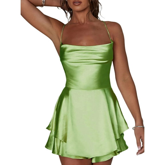 Rdhnmea Women Sexy Backless Short Romper Satin Dress Cowl Neck Tie Ruffle Layer Spaghetti Strap Jumpsuit Mini Dress Clubwear