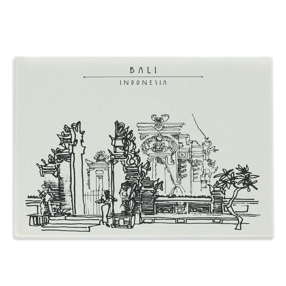 Bali Cutting Board, Bali Indonesia Traditional Galungan Balinese Building Exotic Illustration, Decorative Tempered Glass Cutting and Serving Board, in 3 Sizes, by Ambesonne