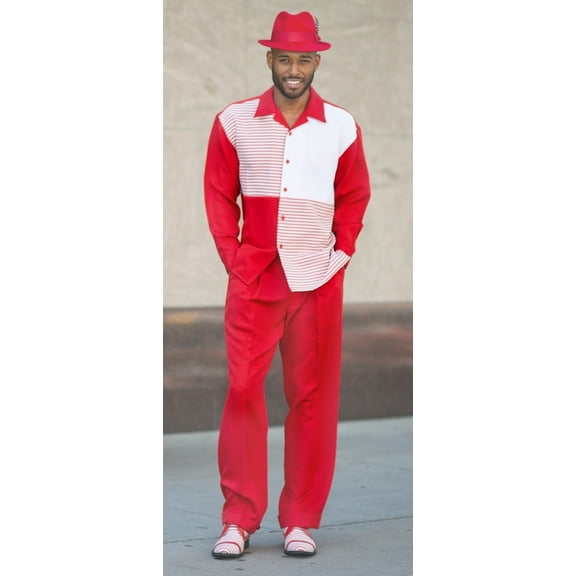 Montique Red Solid Color 2 Piece Men's Walking Suit Long Sleeve Shirt 1982