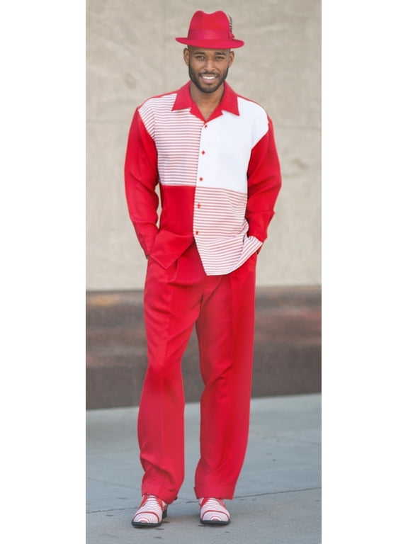 Red Solid Color 2 Piece Men's Walking Suit Long Sleeve Shirt 1982