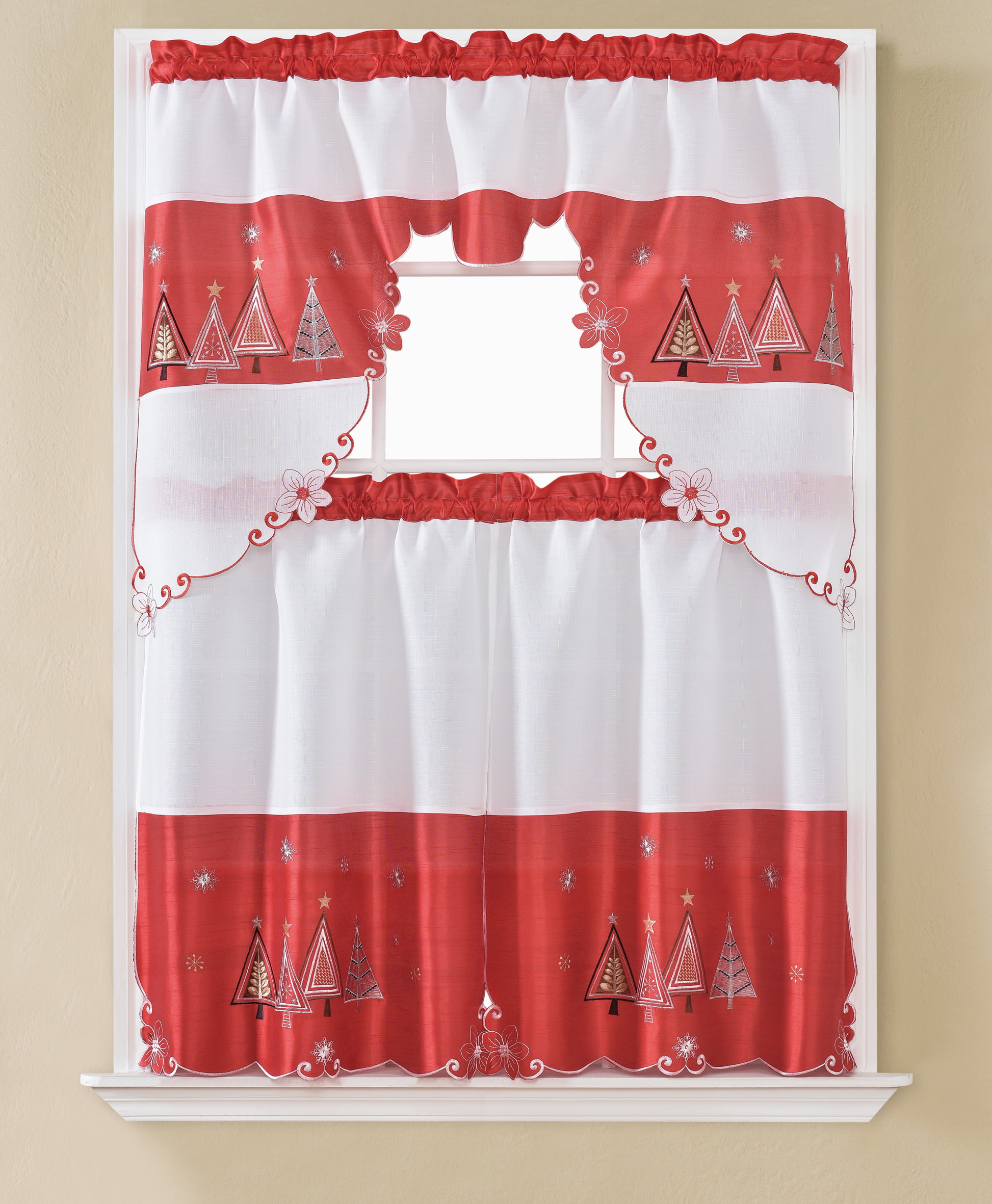 Christmas 3pc Kitchen Curtain set Beige W/ Santa Claus Design 2 Tiers & 1 Swag 