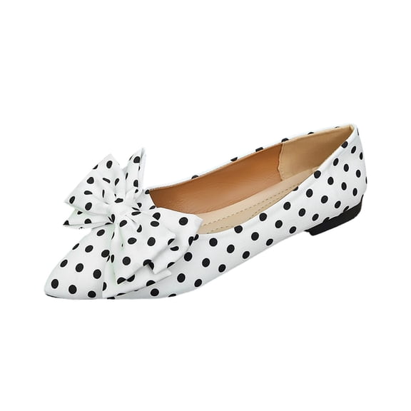 Gpaecead Women's Vintage Polka Dot Large Bow Flats Pointed Toe Slip On Breathable Casual Comfortable Shoes White