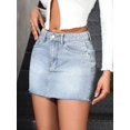 thumbnail image 5 of Light Wash Blue Denim Mini Skirt With Frayed Hem And Slant Pockets, 5 of 30