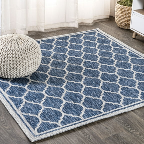 JONATHAN Y SANTA MONICA 9' Square Area Rug, Trebol Moroccan Trellis Textured Weave - Navy/Gray, SMB109D-9SQ