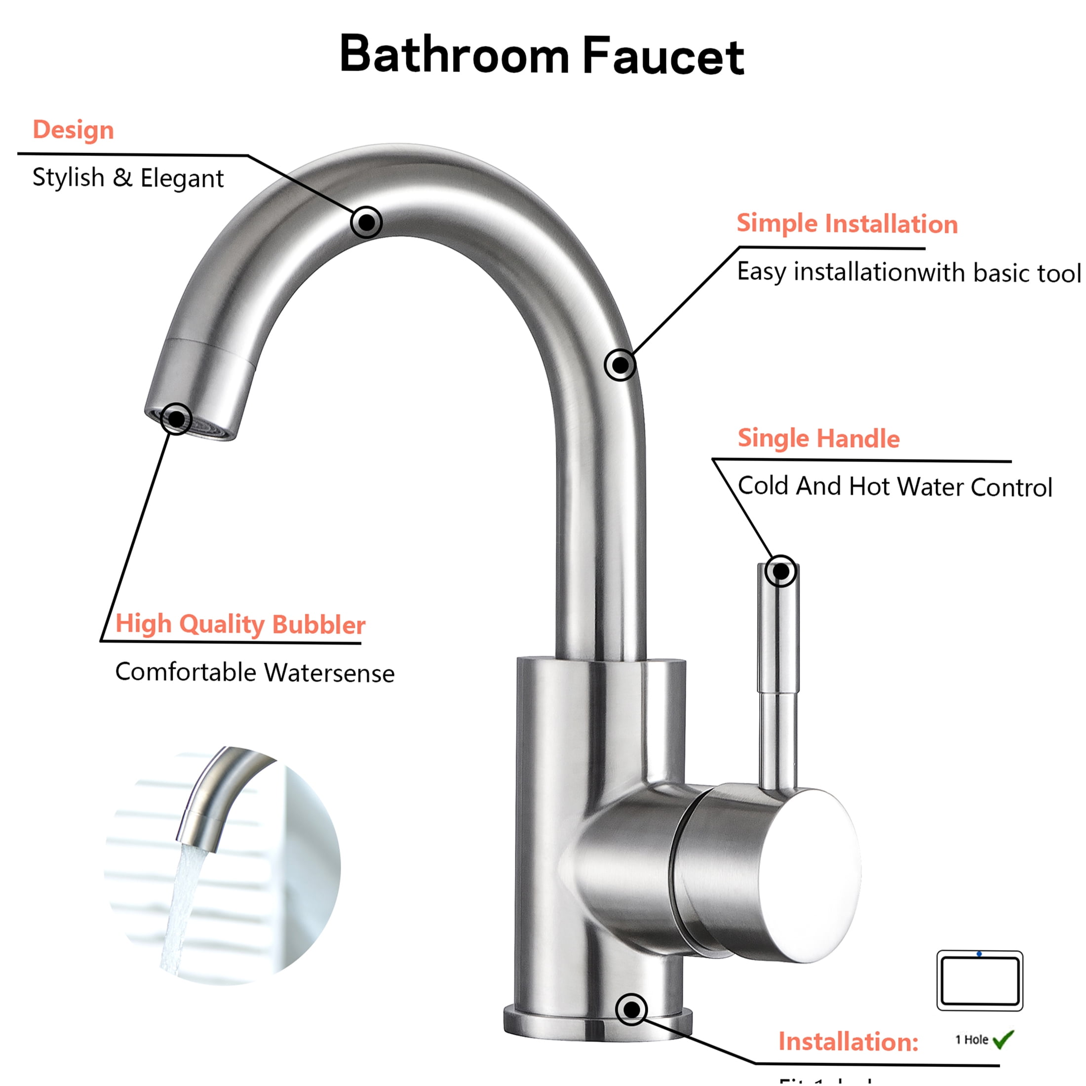 JERFIT Single Hole Bathroom Faucet, Brushed Nickel Finish, Single Handle Low Arc Vessel Sink Faucet for Bathroom Vanity, 4” Centerset, Ceramic Cartridge, Easy Install