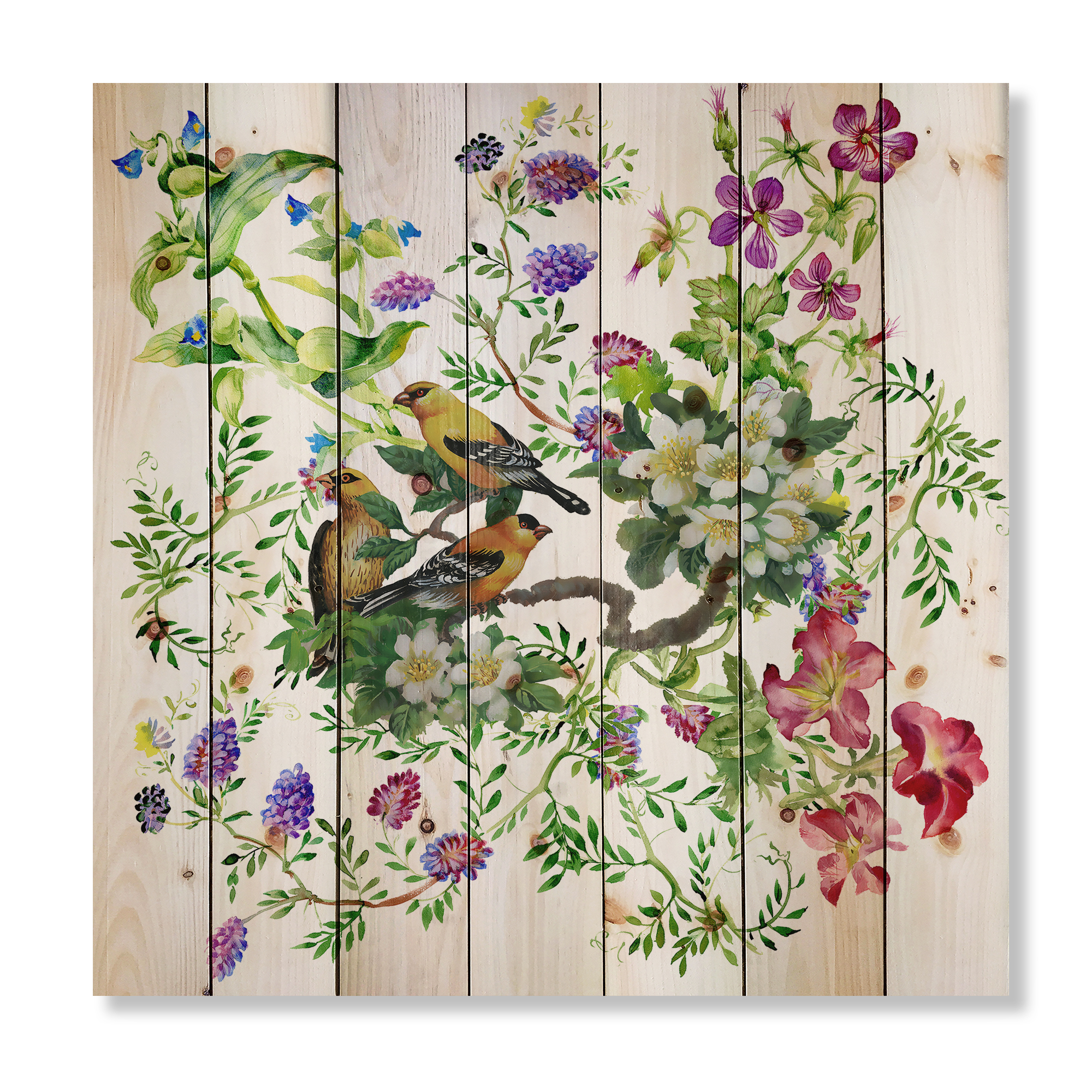 Designart 'Tropical Birds Sitting On Blooming Tree' Traditional Print on Natural Pine Wood