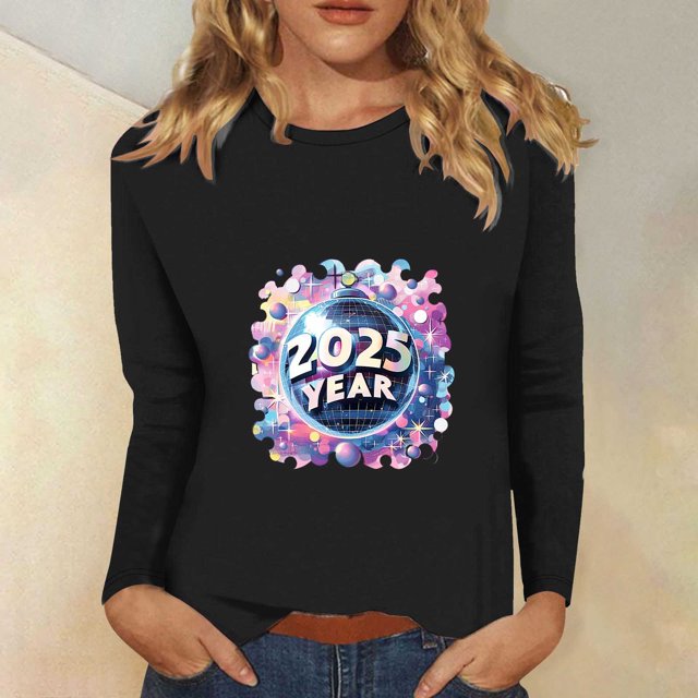 Styesk Chemises à Manches Longues pour Femmes Nouvel An T-shirt Décontracté Imprimé Col Rond Manches Longues