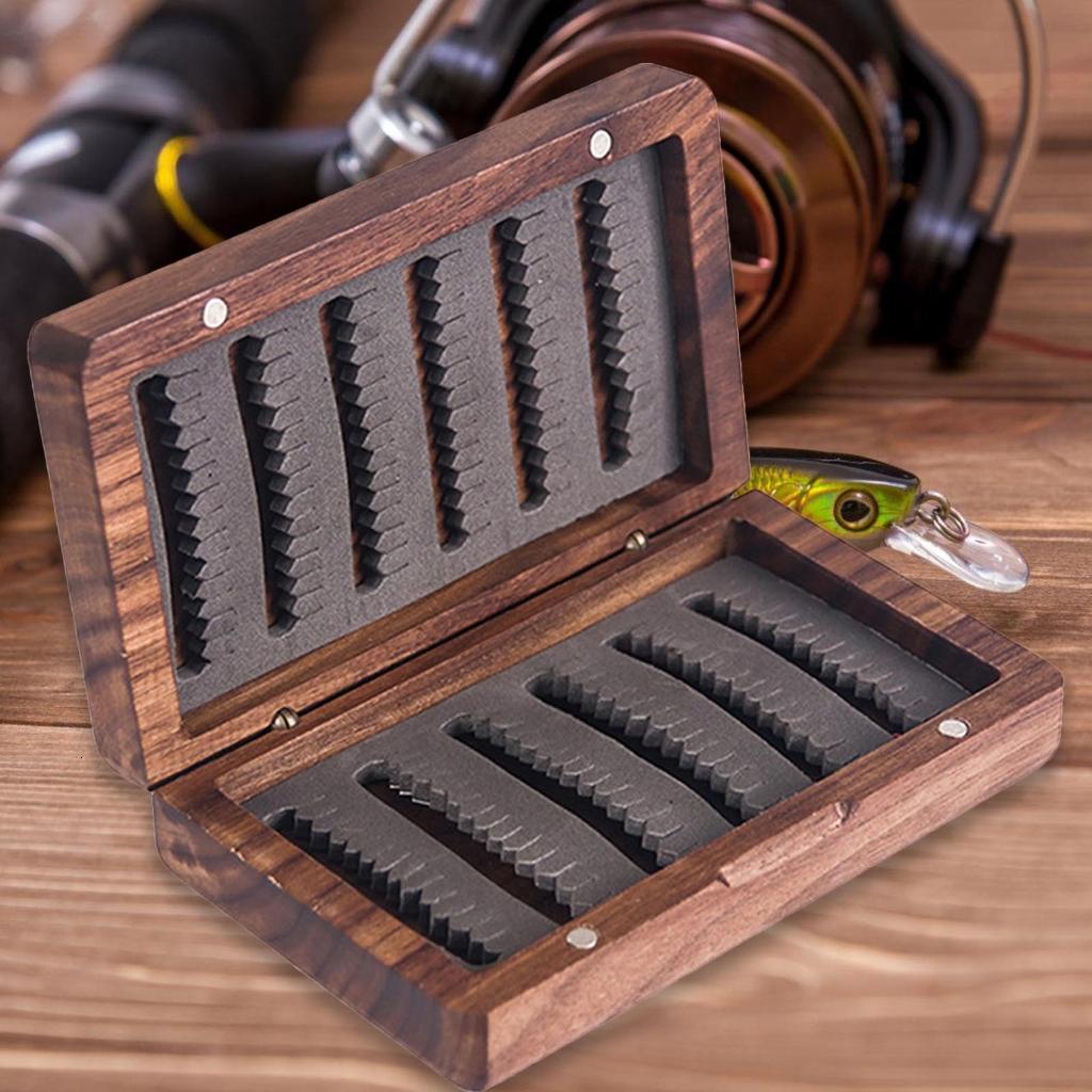 Osdhezcn Double Side Pockets Fly Fishing Box Containers Wood Fishing Tackle Box Fishing Tackle Hook Organizers Storage Case