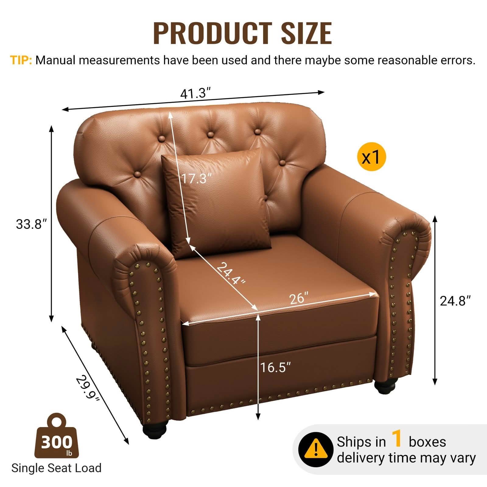 MAYEERTY 41.3" Upholstered Faux Leather Single Sofa, Mid‑Century Modern Chesterfield Accent Chair with Button Tufted, Nailhead Trim & Rolled Armrests, Includes 1 Pillow